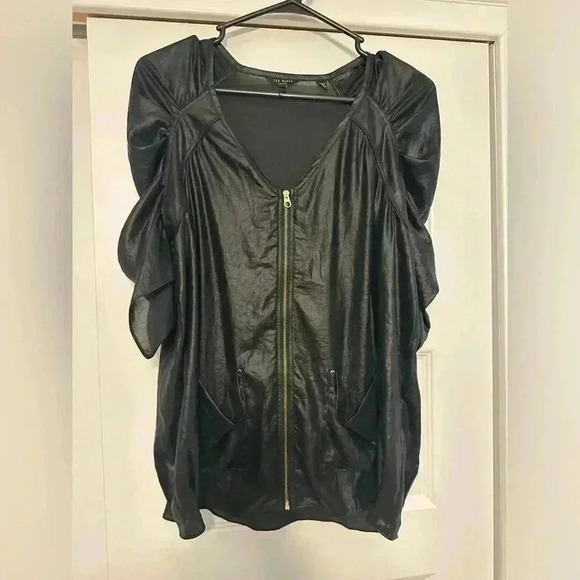 Ted Baker Top Blouse Sz 2 U.S. 6 Black Ruched Puff Sleeve Zip Front Pockets RARE